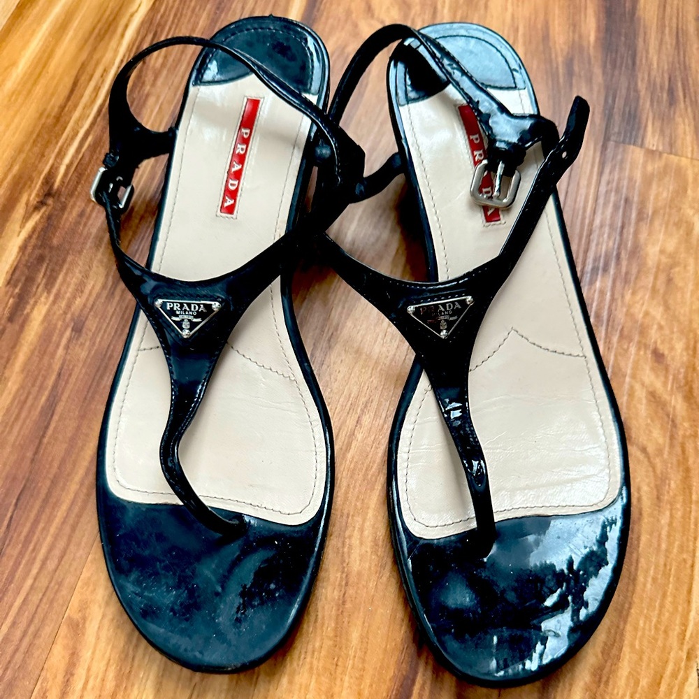 Prada Black Patent Thong Sandals